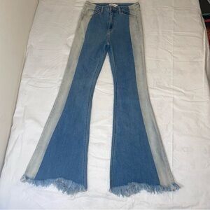 Cello Color Block Ivory Blue Flare Cotton Blend 7 Cutoff 70s Unique Jeans